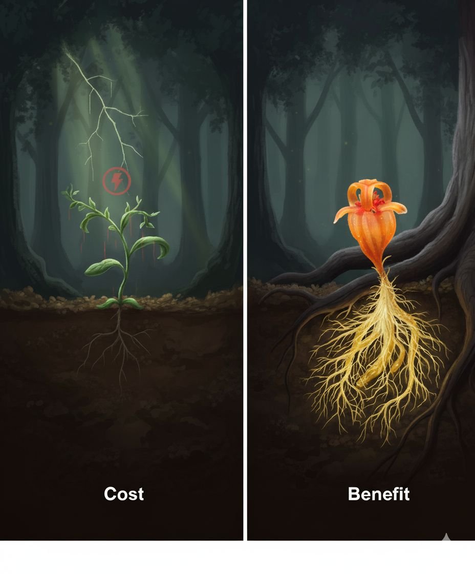 Illustration comparing the cost and the benefit for a fairy lantern plant that has given up photosynthesis.