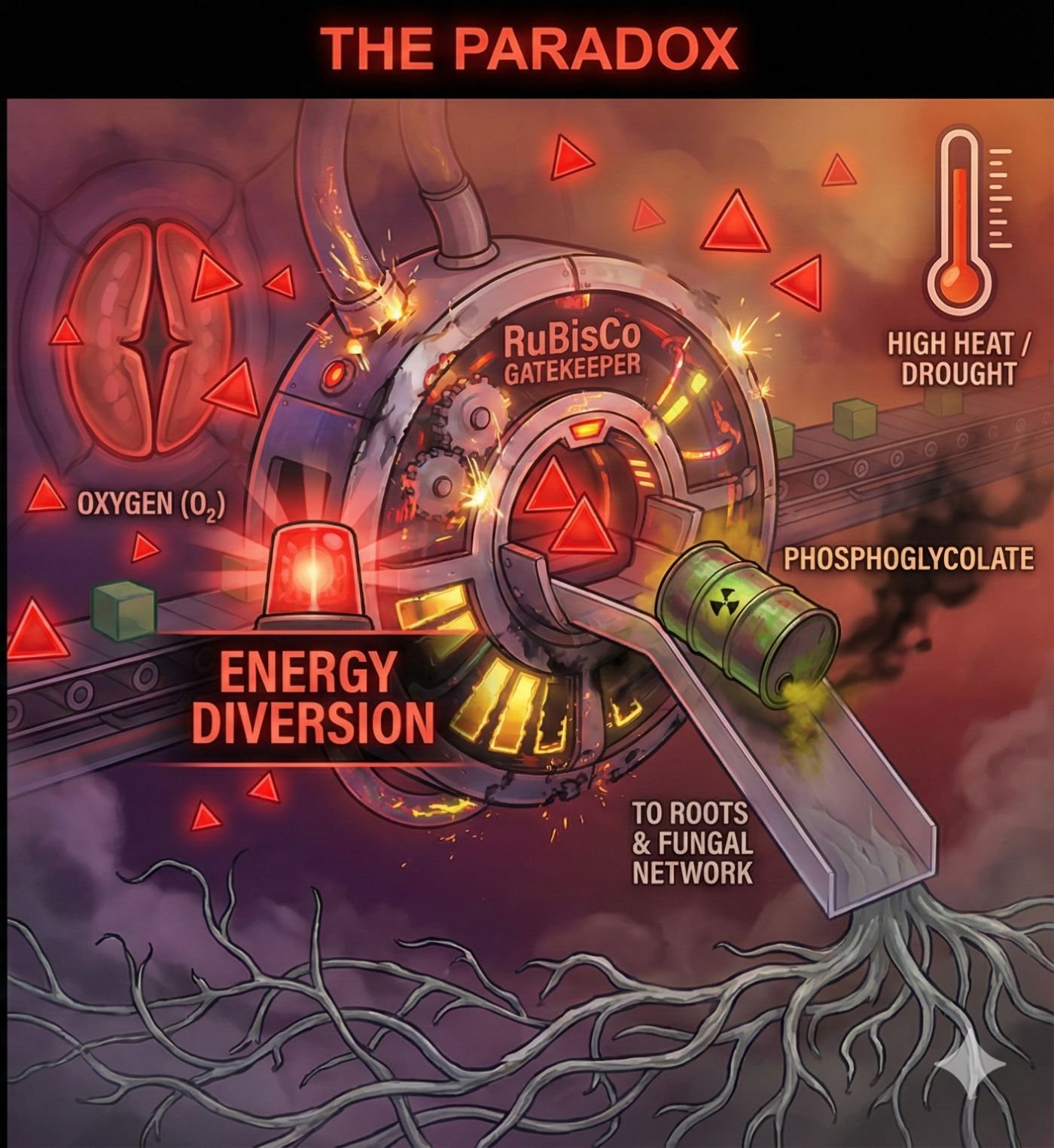 Illustration of the RuBisCo paradox: under heat and drought it grabs oxygen instead of CO2 and diverts energy.